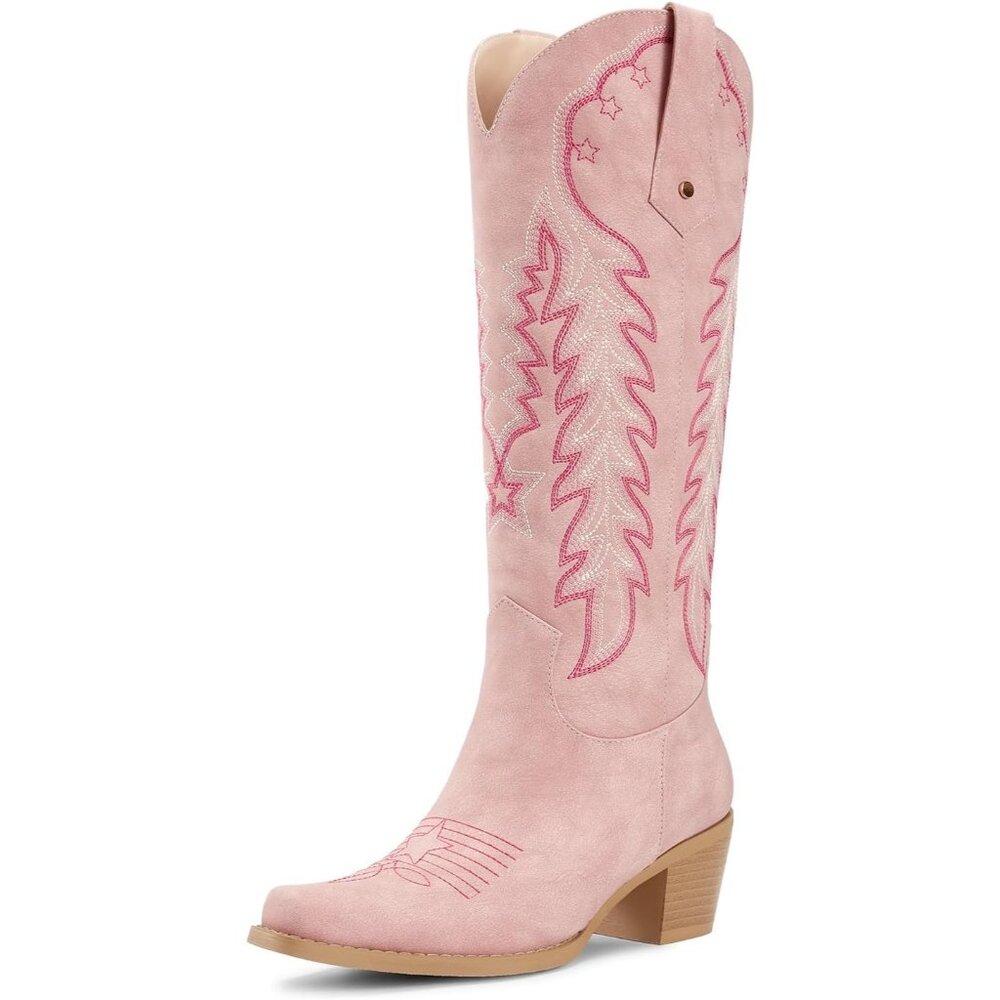 Women' Pink Knee High Cowgirl Boot Retro Embroidered Chunky Heels Pointed Toe